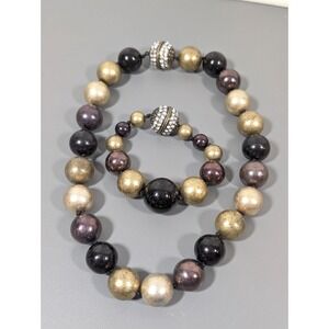 Bronze Tone Black Bead Chunky‎ Magnetic Clasp Rhinestone Necklace Bracelet Set